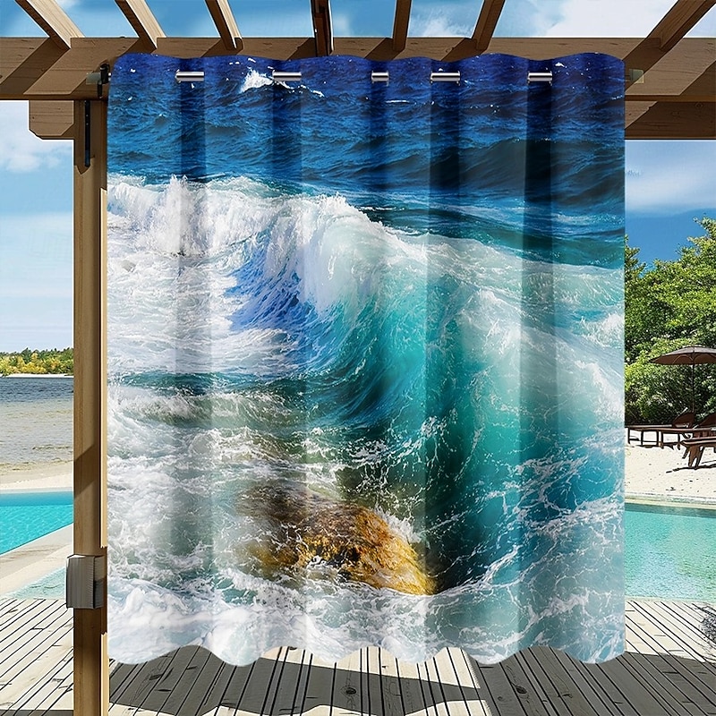 Waterproof Outdoor Curtain Privacy, Sliding Patio Curtain Drapes, Pergola Curtains Grommet 3D Ocean Wave Landscape For Gazebo, Balcony, Porch, Party, 1 Panel2