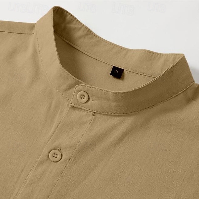 Men's Shirt Band Collar Shirt Summer Shirt Beach Wear Casual Shirt Button Up Shirt Plain Vacation Holiday White Sky Blue Green Khaki Long Sleeve Collar Clothing Apparel2