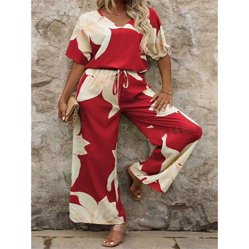 Women EU / US Size2 Pieces SetsFashion Pants Sets Half Sleeve Lantern Sleeve V Neck Graphic Print Casual Black Yellow Red Spring & Summer Loose Fit4