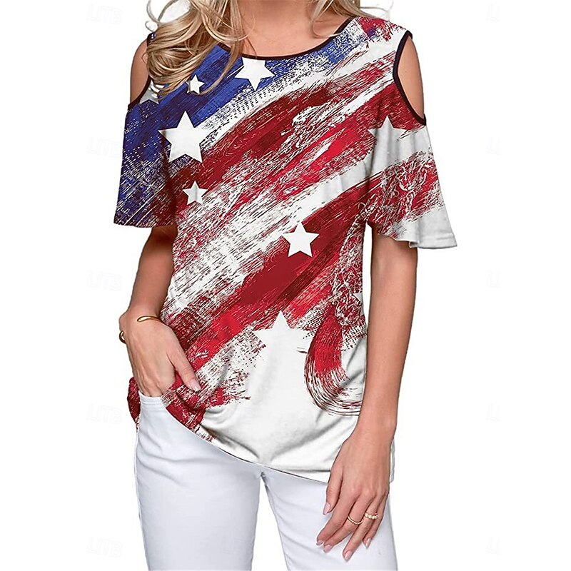 Women's Patriotic  T Shirt American Flag Modern Casual Red White And Blue Short Sleeve Crew Neck Regular Tops Daily Weekend Print Wine Red Royal Blue Blue Summer Spring4
