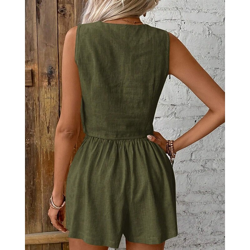 Women's Active Blouse Vest Shorts Sets Sleeveless V Neck Solid Color Dubbele Rij Knopen Holiday Casual Daily Black Wine Army Green Summer Regular Fit3