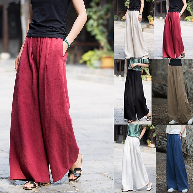 Women's Cotton Linen Shorts Linen-Inspired Pants Cotton Linen Pants Streetwear Casual Full Length Natural Plain Pocket Elastic Waist Outdoor Comfortable Street Going out Wine Black Dark Navy almond