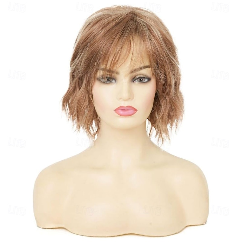 Womens Light Brown Short Wig with Bangs Layered Natural Fluffy Hair Wig for Daily Party Use2