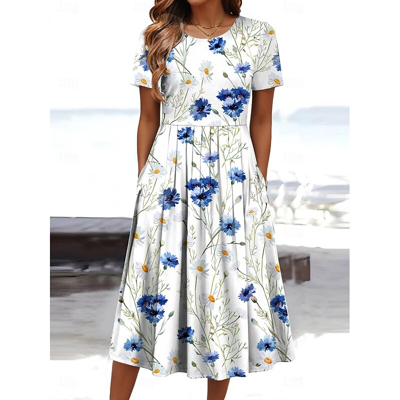 Women's Midi Dress Summer Dress Pleated Dress Vacation Casual Beach Daily Holiday Regular Fit Floral Graphic Short Sleeve Crew Neck White Blue Orange Green Summer2