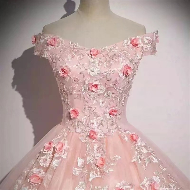 Ball Gown A-Line Quinceanera Dresses Elegant Dress Wedding Wedding Guest Floor Length Sleeveless Off Shoulder Polyester Backless with Floral Print Pleats3