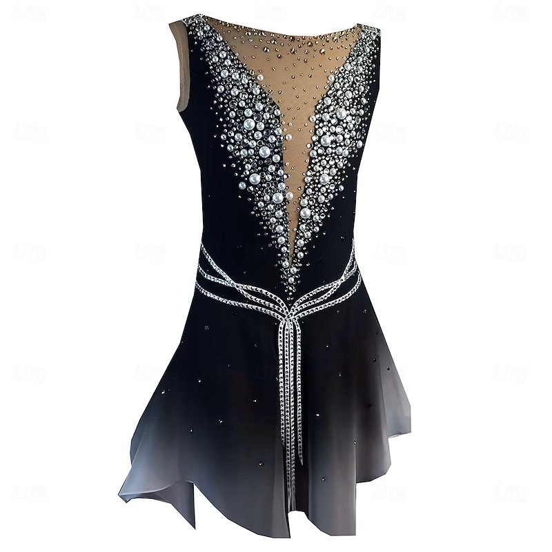 Figure Skating Dress Women's Girls' Ice Skating Dress Dark Grey Thumbhole Halo Dyeing High Elasticity Professional Competition Skating Wear Thermal Warm Crystal / Rhinestone Sleeveless Ice Skating2