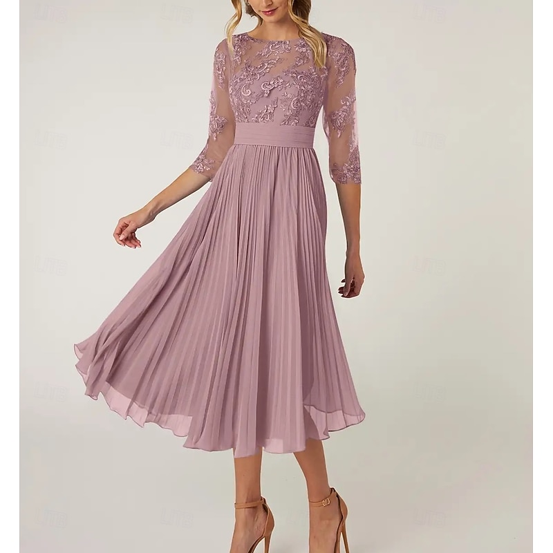 A-Line Mother of the Bride Dress Wedding Guest Elegant Crew Neck Tea Length Chiffon Lace 3/4 Length Sleeve with Lace Pleats3