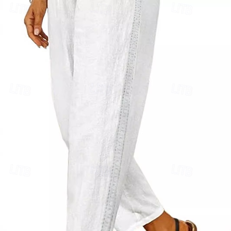 Women's Cotton Linen Pants Slacks Casual Full Length Natural Plain Pocket Elastic Waist Comfy Outdoor Comfortable Holiday Going out Camel Black White Blue Summer Regular Fit4