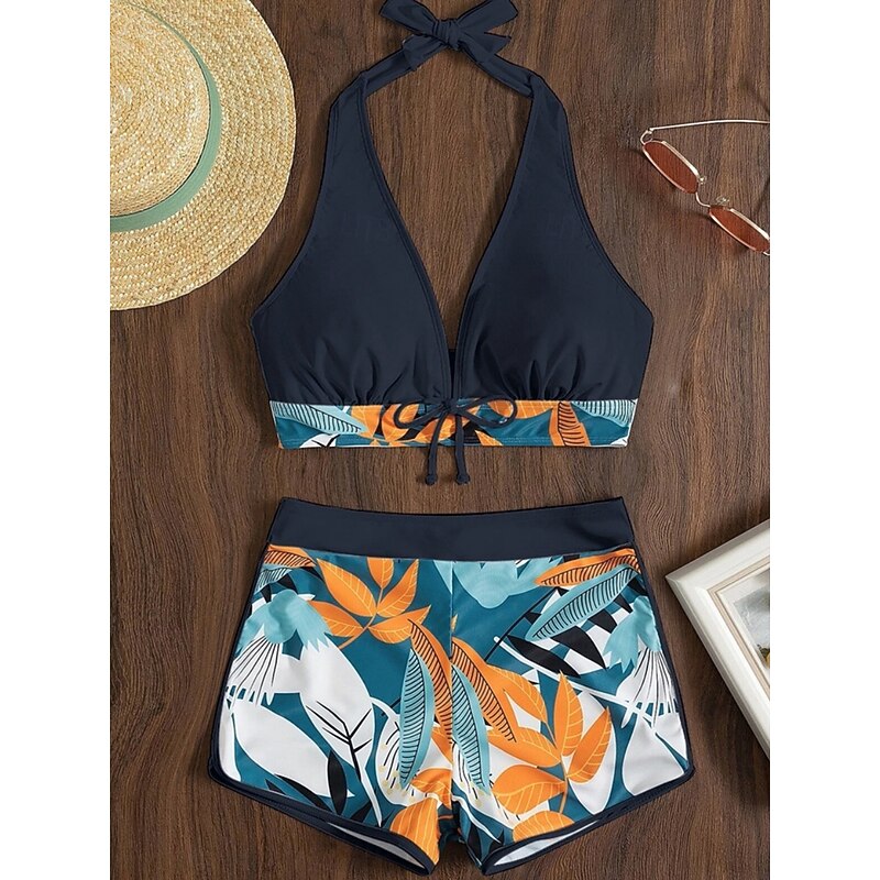 Women's Swimsuits Bikini 2 Piece Shorts Swimsuit Backless Slim Vacation Beach Wear Floral Halter Neck Sleeveless Bathing Suits2