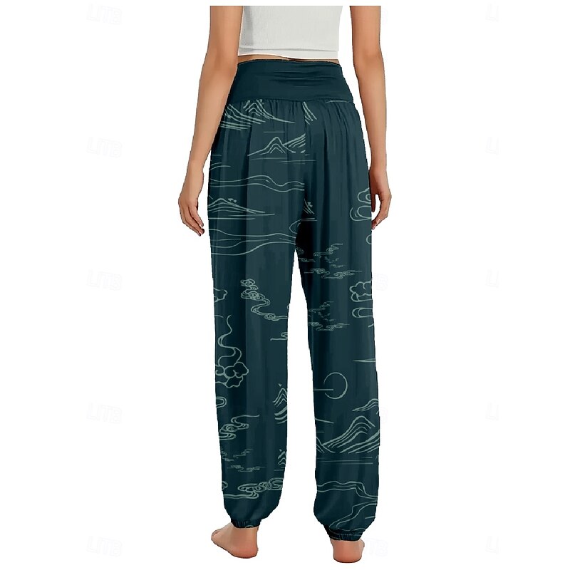 Women's Linen-Inspired Pants Wide Leg Pants Trousers Ethnic Style Casual Boho Full Length High Waist Floral Pocket Elastic Waist Printing Breathability Soft Micro-elastic Outdoor Yoga Forest Green2