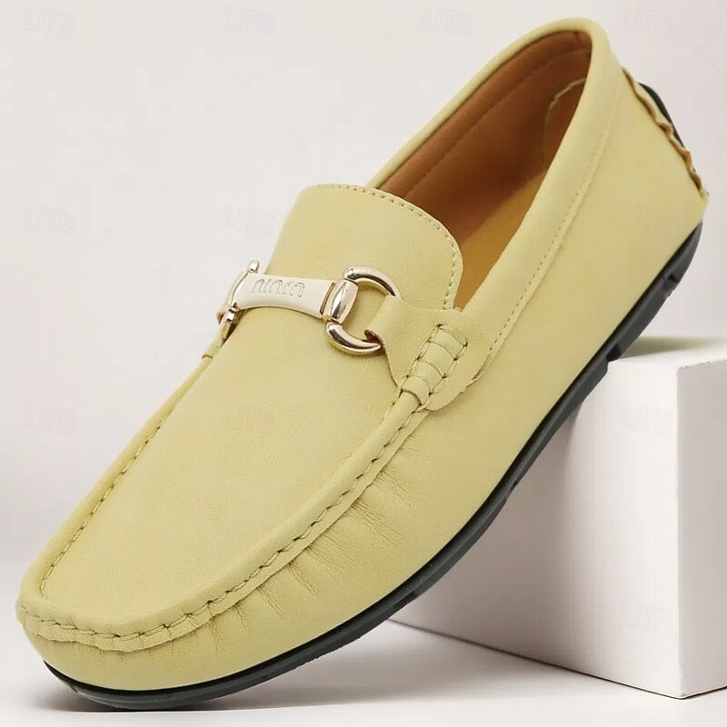 Men's Yellow Moccasins with Metal Buckle, Casual Slip-On Driving Shoes, Perfect for Spring and Summer Vacations