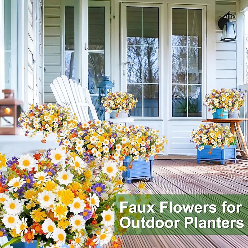 8 Bundles Artificial Daisy Flowers for Outdoors Summer Decor UV Resistant Faux Cemetery Flowers Plastic Greenery Shrub Fake Artificial Plants Outside Home Gardens Porch Planter Indoor Spring4
