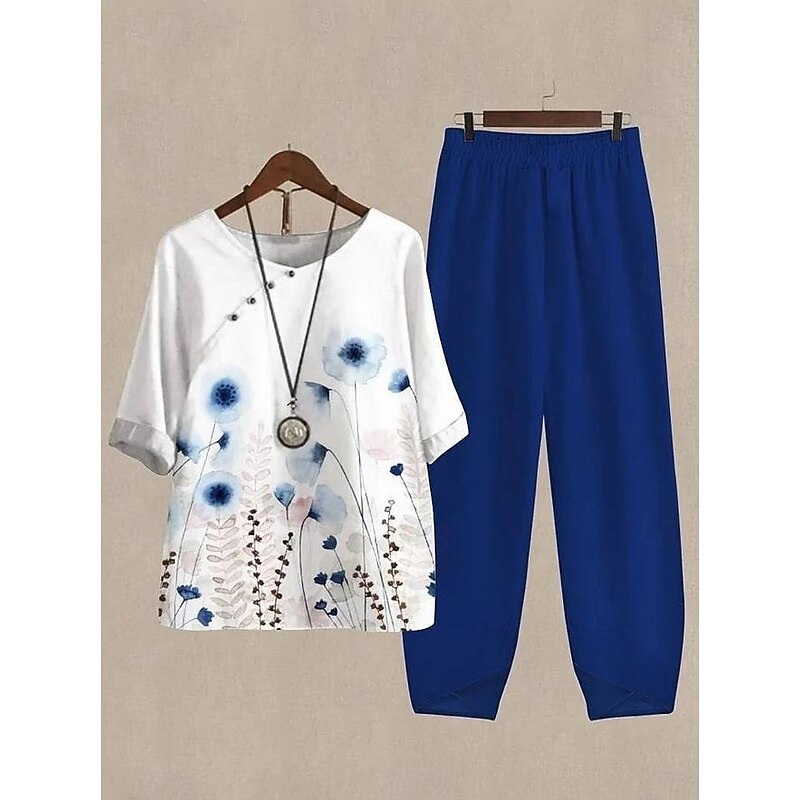 Women's Shirt Basic Pants Sets Half Sleeve Round Neck Floral Graphic Geometric Print Holiday Weekend Black Royal Blue Blue Summer Regular Fit4