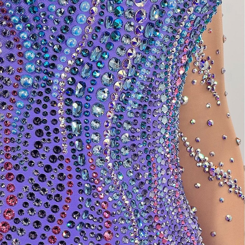 Figure Skating Dress Women's Girls' Ice Skating Dress Blue Thumbhole Open Back Mesh High Elasticity Training Competition Skating Wear Classic Crystal / Rhinestone Long Sleeve Ice Skating Figure2