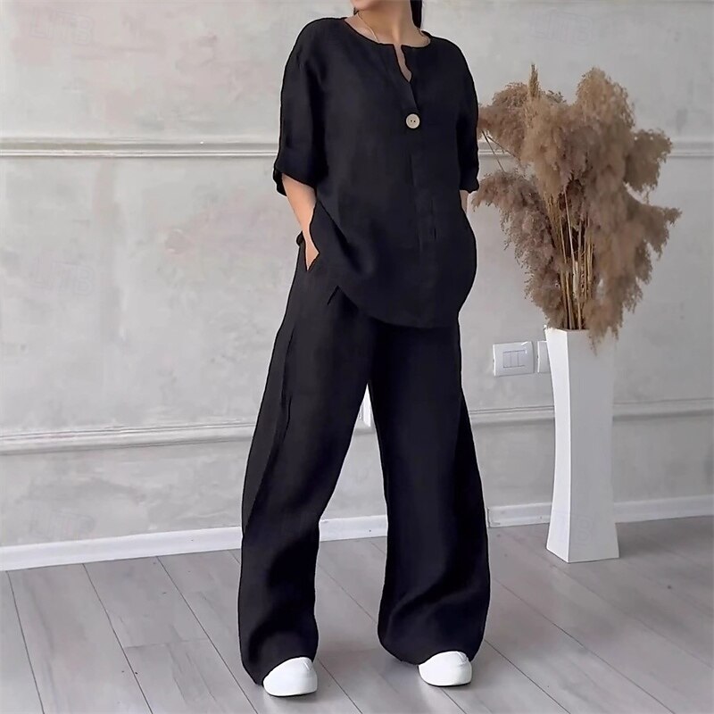 Women's Fashion Streetwear Cotton Linen Sets Two Piece Sets Pants Sets Long Sleeve V Neck Plain Daily Wear Date Black Army Green Navy Blue Summer Regular Fit2