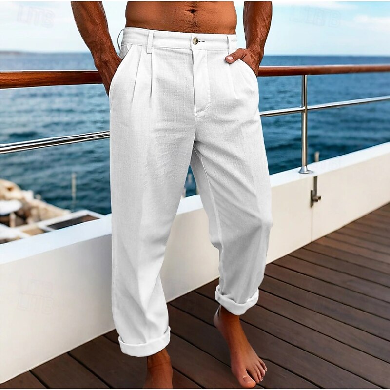 Men's Linen Pants Trousers Dress Pants Summer Pants Baggy Pants Front Pocket Straight Leg Plain Comfort Breathable Full Length Business Daily Holiday Vacation Fashion Black White3