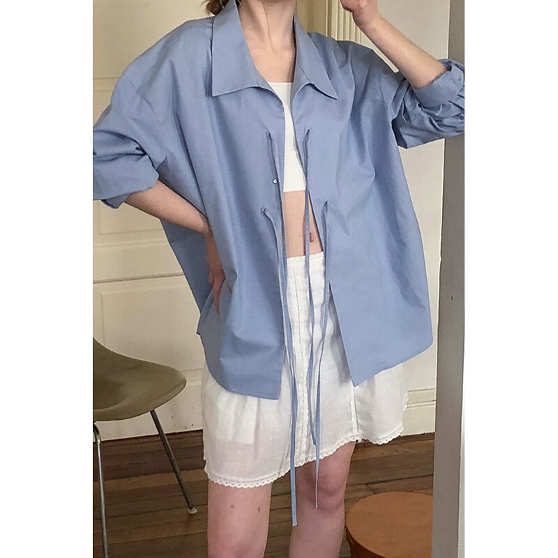 Women's Shirt Button Up Cotton Linen Shirt Plain Striped Stylish Modern Long Sleeve Shirt Collar Regular Tops Holiday Going out Tie Front White Blue Light Blue Summer4