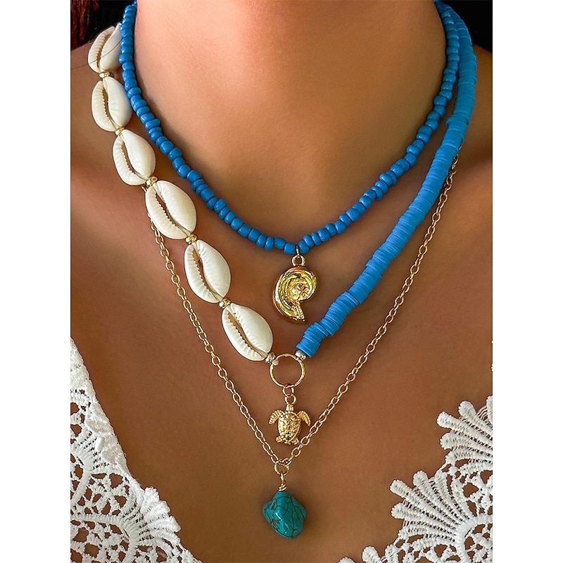 Women's Boho Layered Shell and Bead Necklace Set – Beach-Style Turquoise Pendant and Gold Charms for Summer Vacations and Festivals2