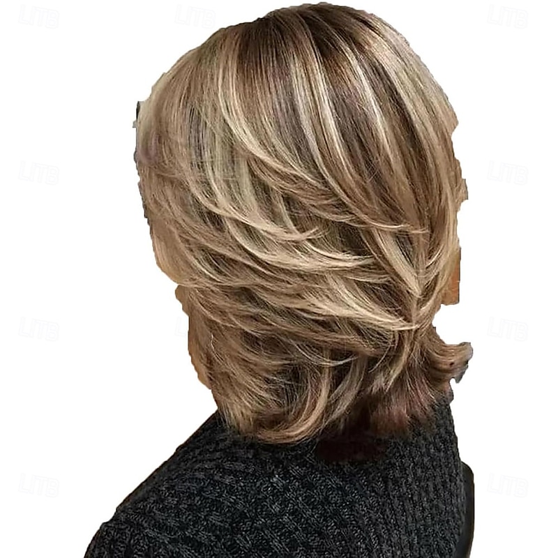 Short Ombre Highlight Brown Mixed Blonde Layered Wig Bangs Bob for Women Synthetic Short Blonde Pixie Cut