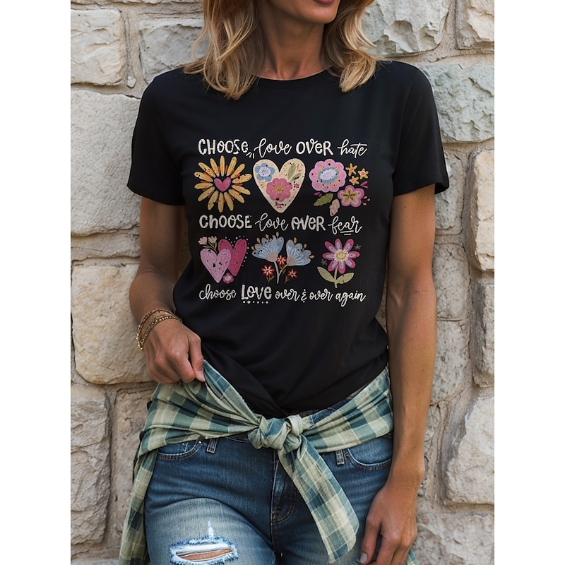 Women's T Shirt Heart Floral Graphic Vintage Stylish Classic Short Sleeve Crew Neck Round Neck Regular Tops Daily Print Black White Pink Light Blue Summer Spring Be Kind
