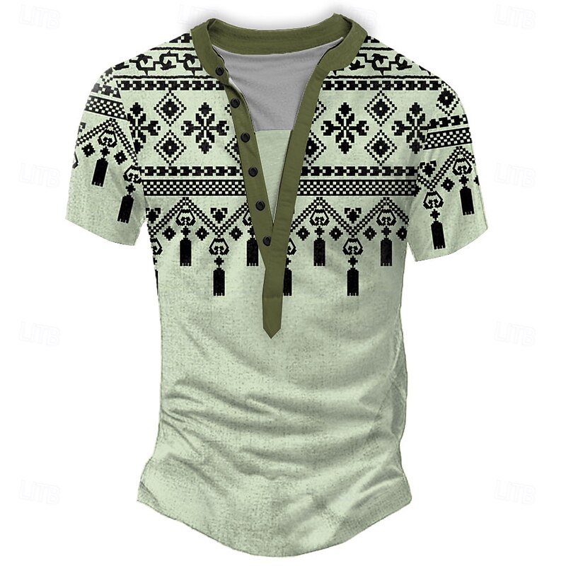 Men's Geometric Tribal T Shirt Henley Shirt Tee Short Sleeve Designer Basic Classic Outdoor Casual Daily Summer Light Green Light Blue Light Gray Khaki Henley Henley T-Shirt3
