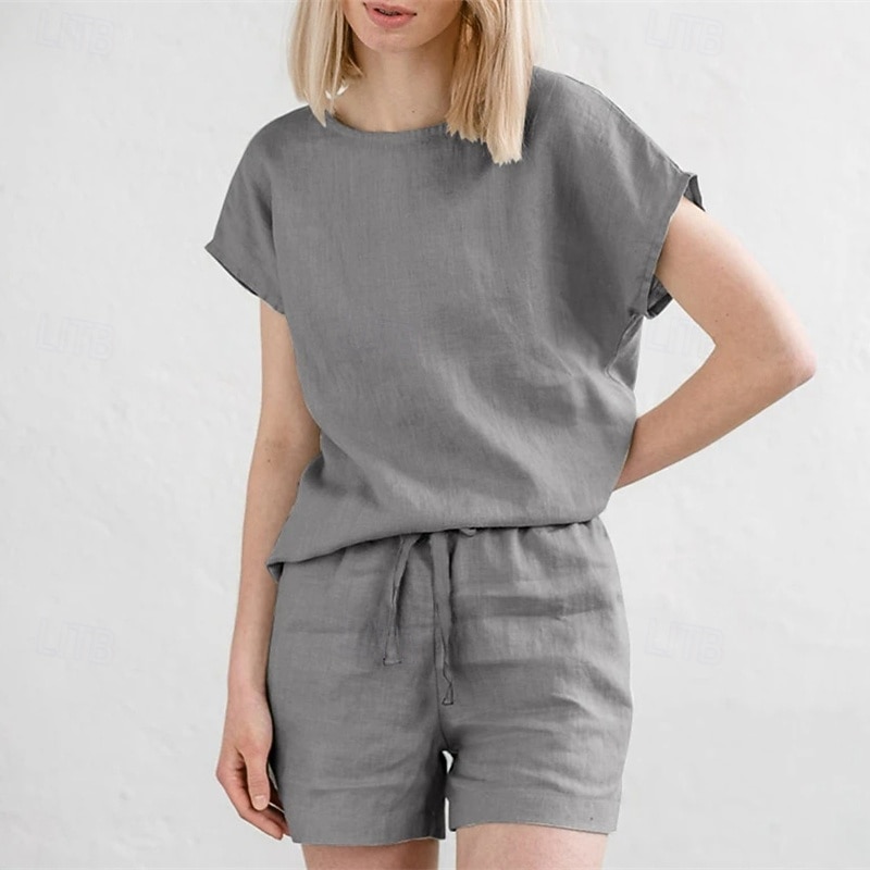 Women's Fashion Streetwear Two Piece Sets T Shirt Shorts Sets Short Sleeve Round Neck Solid Color Drawstring Daily Wear Date Black White Army Green Summer Regular Fit