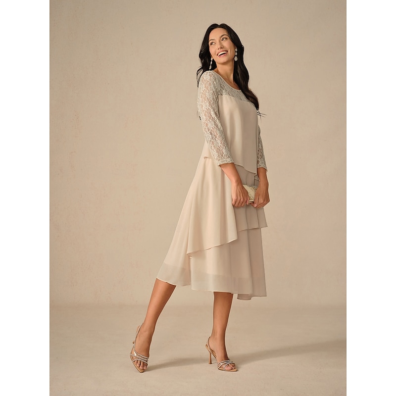 Women's Midi Dress Lace Dress Party Dress Cocktail Dress Wedding Guest Dress Elegant Party Vacation Wedding Guest Cocktail Party Regular Fit Solid Color 3/4 Length Sleeve Crew Neck Champagne Spring2