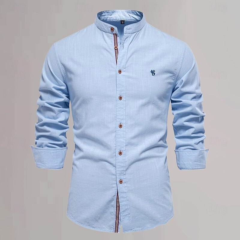 Men's Chinese Collar Shirt Mandarin Collar Shirt Cotton Linen Shirt Plain Vacation Casual Daily Black White Light Green Dark Blue Long Sleeve Grandad Collar Clothing Apparel3