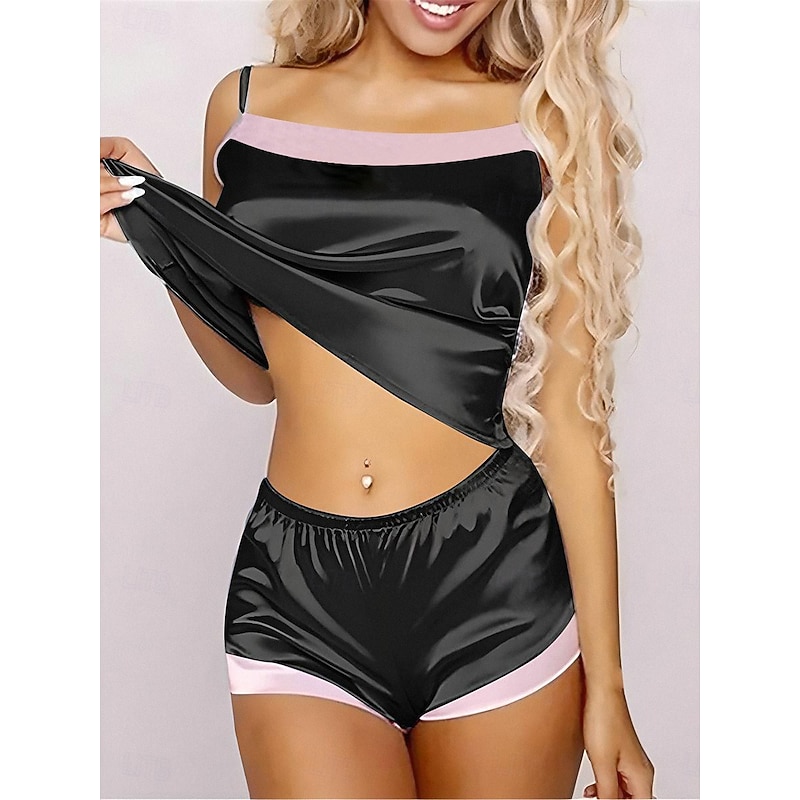 Women's Pajamas Pajama Top and Pant Sets Pure Color Fashion Casual Soft Home Daily Bed Satin Breathable Straps Sleeveless Strap Top Shorts Backless Summer Spring Home Outfits - Main Image