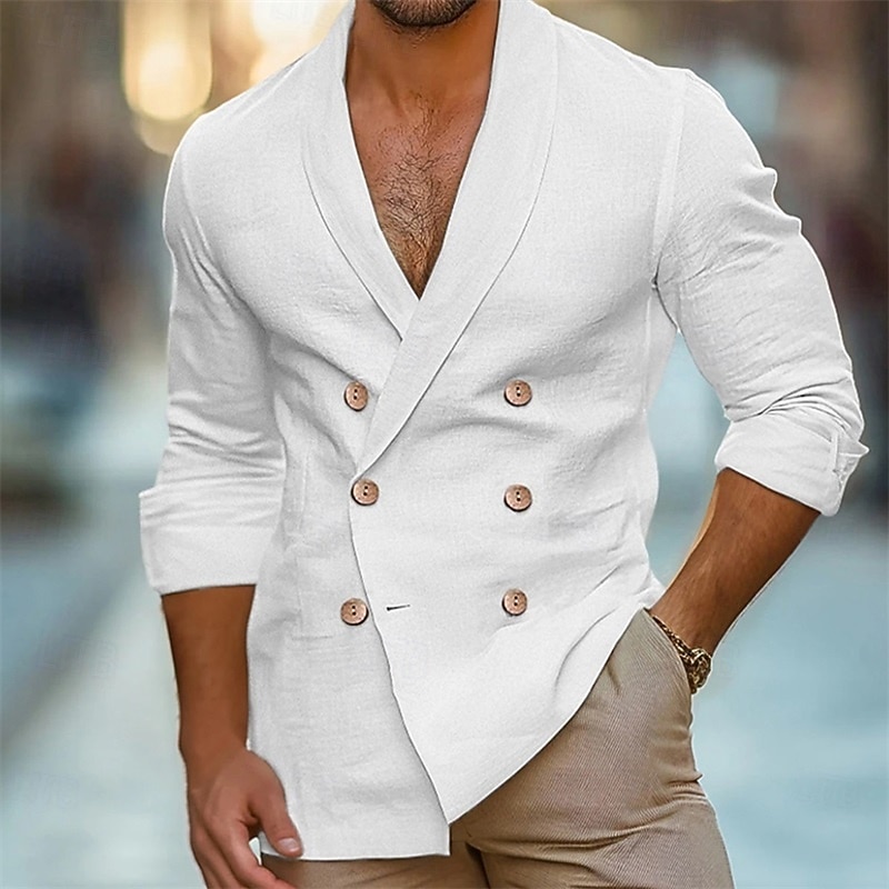 Men's Shirt Summer Shirt Casual Shirt Beach Shirt White Navy Blue Green Apricot Long Sleeve Plain Lapel Vacation Hawaiian Double Breasted Clothing Apparel Polyester Fashion Casual Comfortable3