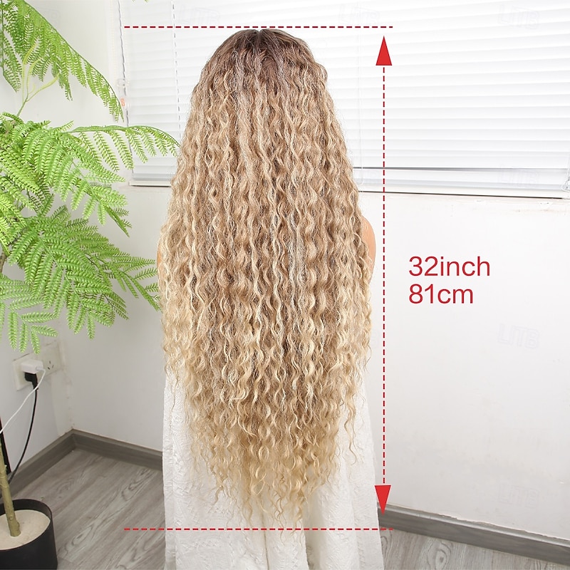 Synthetic Lace Wig Deep Curly Style 32 inch Multi-color Middle Part 13x4x1 T Part Lace Front Wig Women's Wig Light golden4