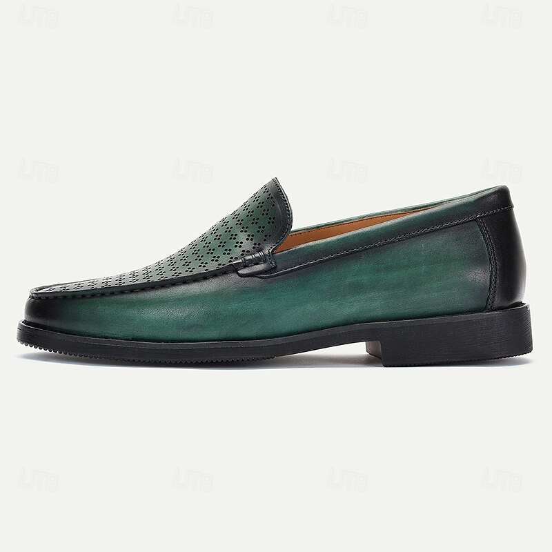 Men's Green Leather Loafers with Perforated Design – Kentucky Derby Shoes for Stylish Casual and Semi-Formal Events3