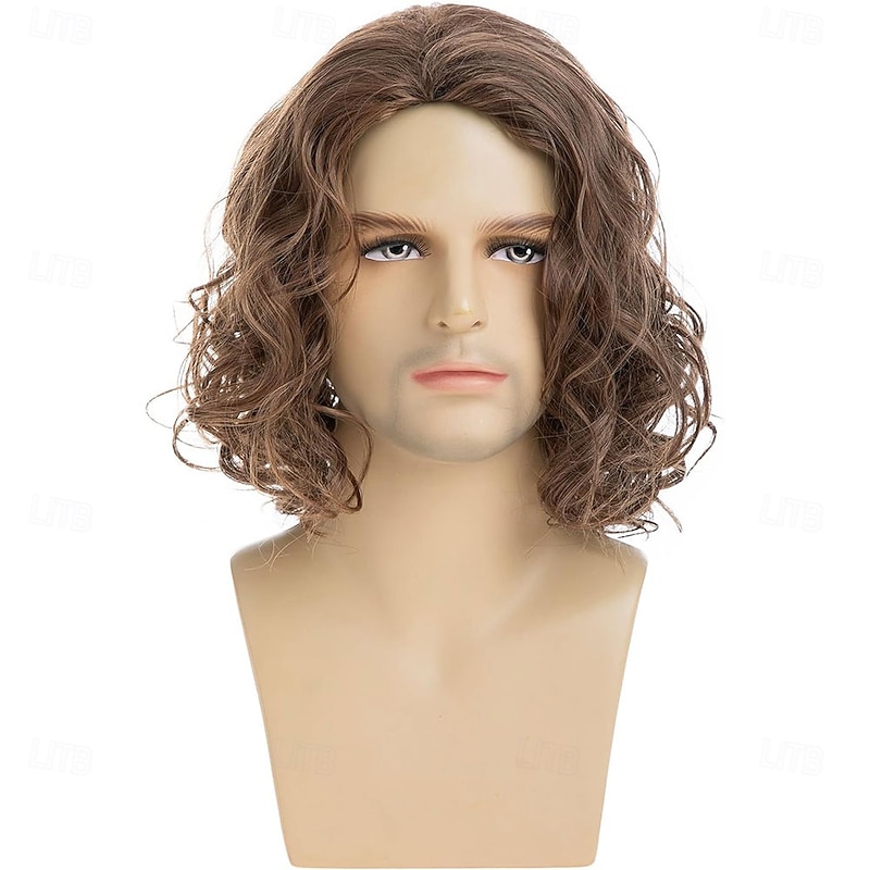 Short Curly Brown Wigs for Men Natural Synthetic Layered Halloween Cosplay Hair Wig for Male