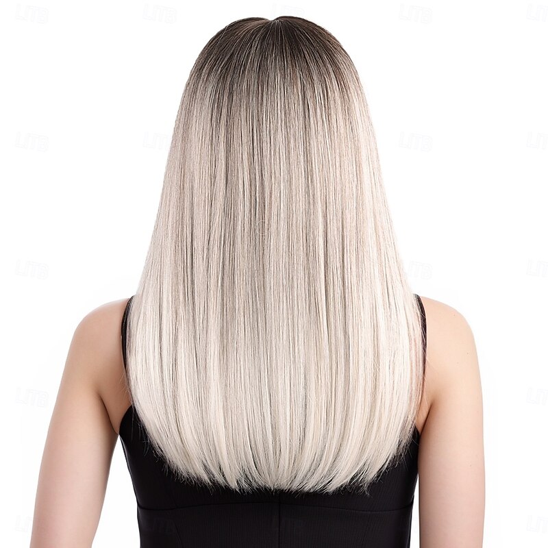 Synthetic Wig kinky Straight Natural Straight Layered Haircut Neat Bang Machine Made Wig 20 inch A1 Synthetic Hair Women's Classic Comfortable Color Gradient Gray4