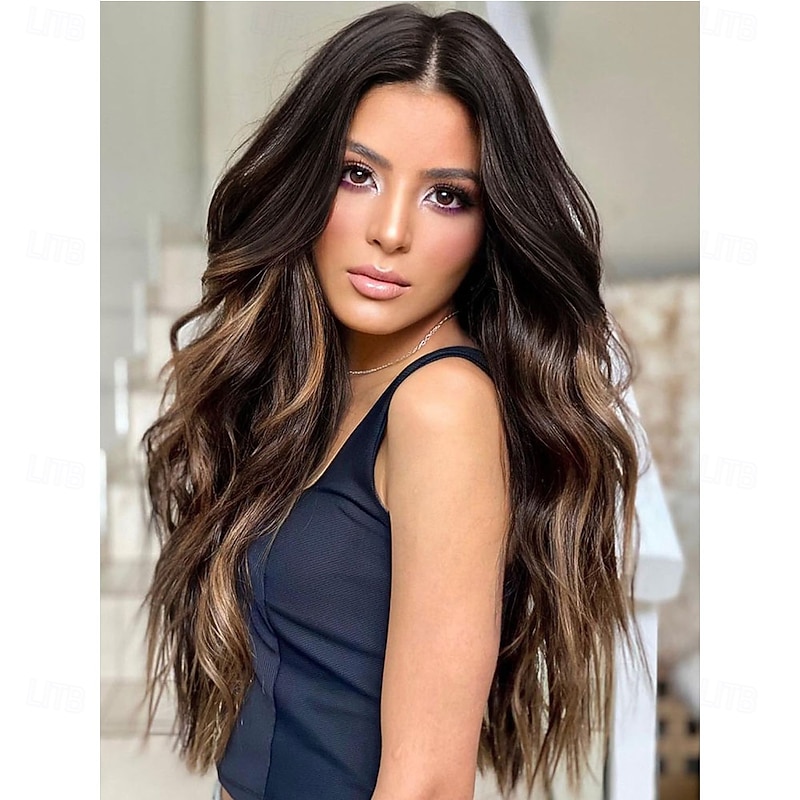 Long Brown Highlights Wigs for Women Ombre Brown Mixed Blonde Wigs with Black Roots Synthetic Long Curly Wavy Wigs With Lace Hairline Heat Resistant Fiber Wig for Daily Party Use