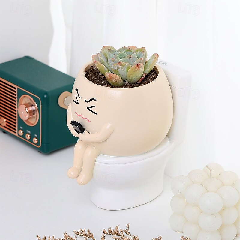 Funny Toilet Sitting Succulent Planter, Creative Cute Green Plant Figurine, Fun Office Desk or Study Room Decoration, Stress Relief Succulent Pot for Home Decor3
