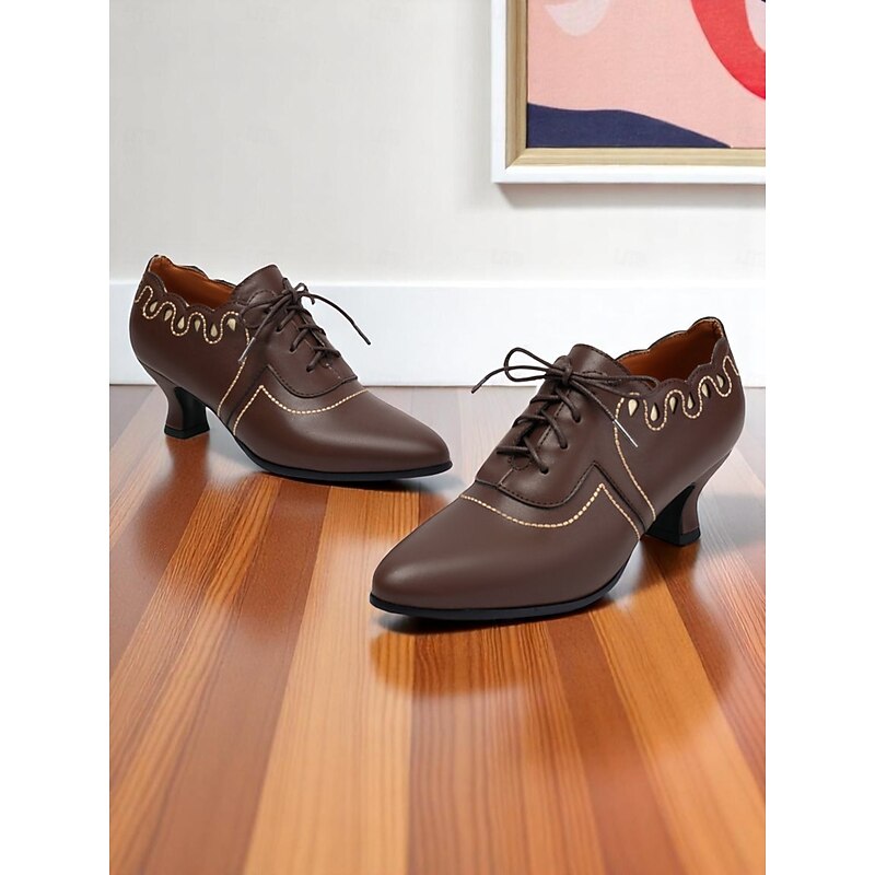 Women's Brown Lace-Up Oxford Kitten Heel Shoes – 1920s Edwardian Retro Style Vintage Brogue Pumps for Elegant Daily Wear and Themed Parties4