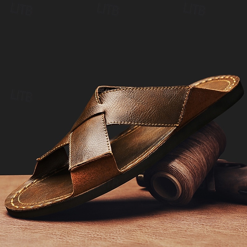 Men's Brown Faux Leather Cross-Strap Sandals – Comfortable Slip-On Sandals with High-Quality Leather Construction and Adjustable Fit, Ideal for Relaxed Summer Style and Outdoor Adventures