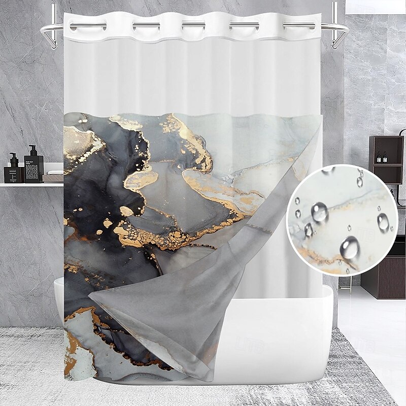 Marble Waffle-Weave Textured Shower Curtain Set with Snap-in Liner Sheer Window Water-Repellent Polyester, Grommet Top, 120GSM Hotel Quality Spa Style Bathroom Partition No Hooks Required