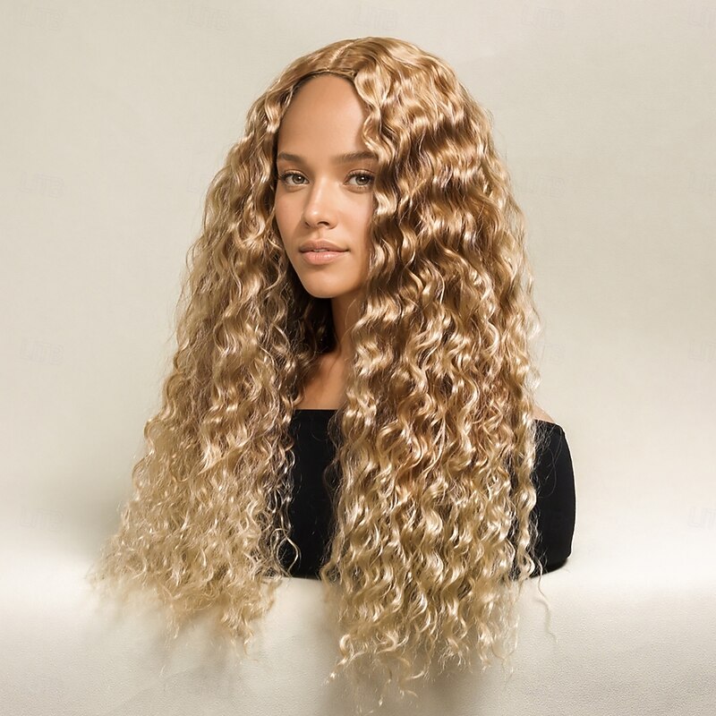 Synthetic Wig Afro Curly Water Wave Layered Haircut Deep Parting Machine Made Wig 26 inch A1 Synthetic Hair Women's Middle Part Cool Classic Blonde4
