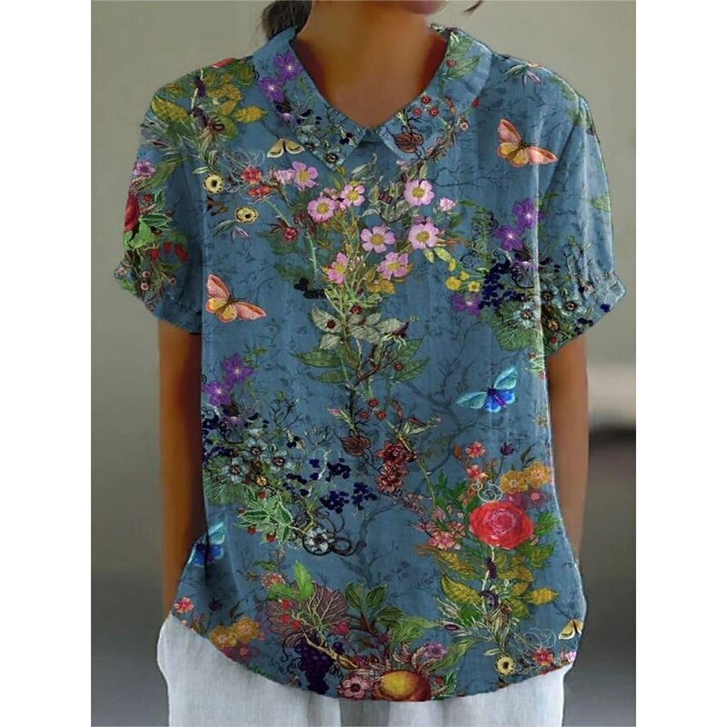 Women's Shirt Floral Stylish Modern Short Sleeve Shirt Collar Regular Tops Daily Holiday Print Black White Pink Blue Summer