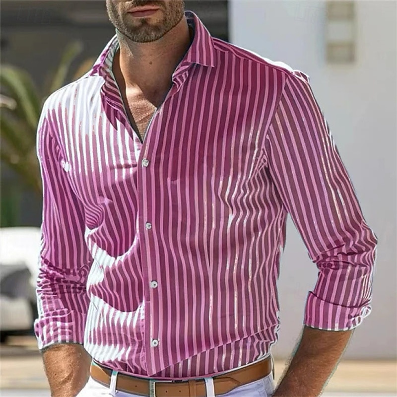 Men's Shirt Summer Shirt Casual Shirt Beach Shirt Button Up Shirt Light Pink Yellow Light Green Red Green Long Sleeve Stripes and Plaid Lapel Vacation Hawaiian Clothing Apparel Polyester Fashion4