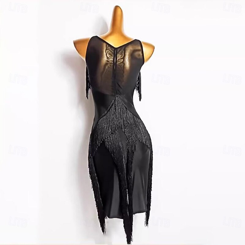 Latin Salsa Dance Dress Tassel Pure Color Splicing Women's Performance Training Sleeveless Polyester Mesh2
