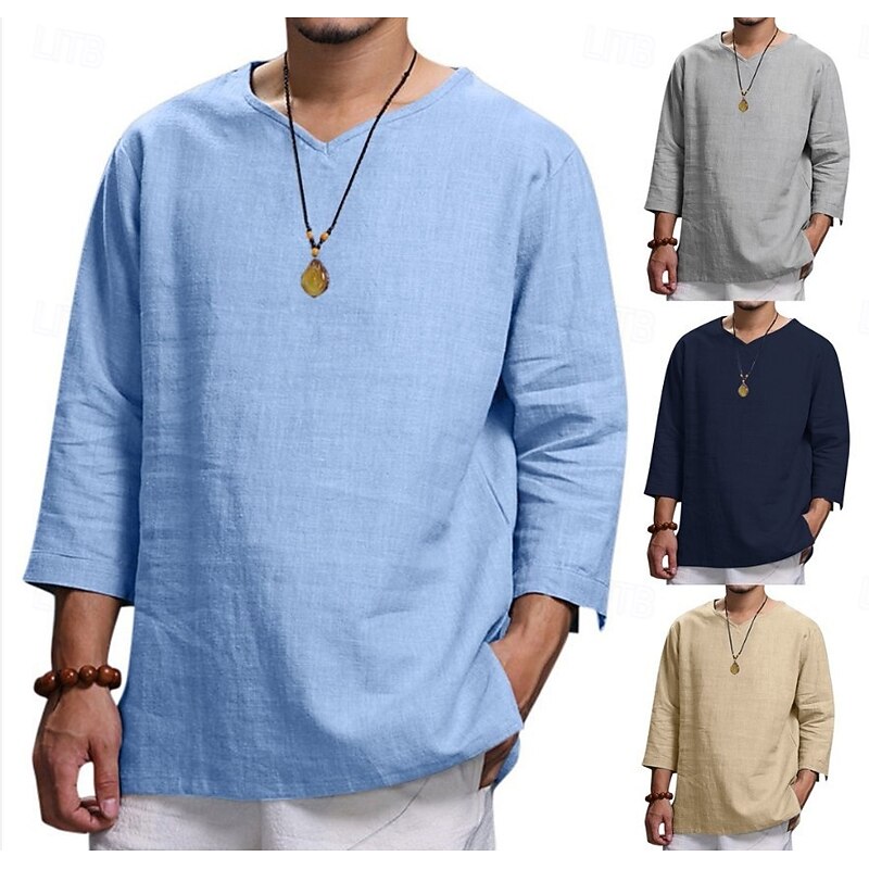 Men's Shirt Linen Shirt Popover Shirt Summer Shirt Beach Wear Solid Color Vacation Casual Black Navy Blue Sky Blue Khaki 3/4 Sleeve V Neck Summer Spring Clothing Apparel2