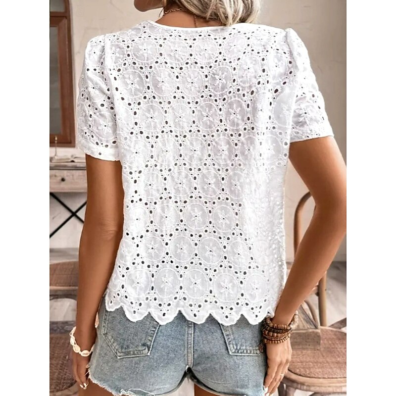 Women's Shirt Floral Casual Short Sleeve Shirt Collar Regular Tops Daily Holiday Lace Buttons White Summer Spring2