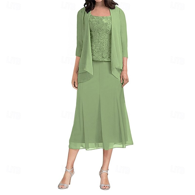 Dress Sets Mother of the Bride Dress Elegant Simple Square Neck Tea Length Polyester 3/4 Length Sleeve with Solid Color2