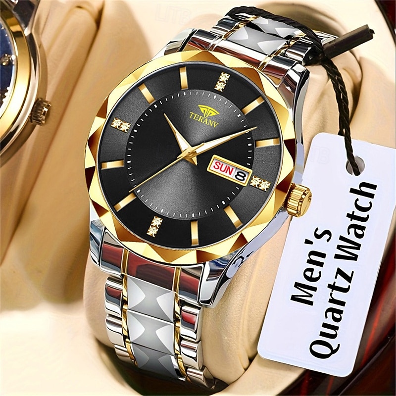 TERANV Brand Fashion Men's Quartz Watch with Rhombus Dial IPX7 Waterproof Dual Calendar Luminous Steel Strip Watch Business Watch3