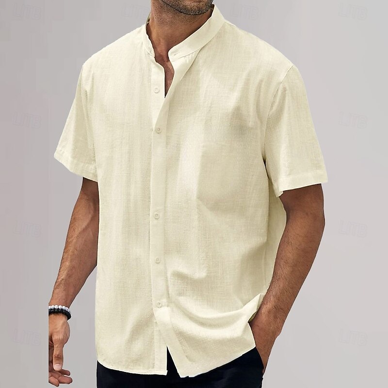 Men's Cotton Linen Shirt Plain Vacation Black White Sky Blue Khaki Short Sleeve Grandad Collar Summer Clothing Apparel4