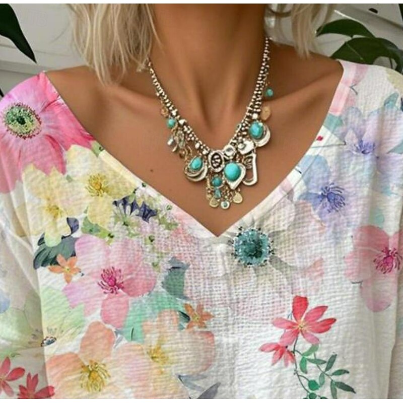 Women's Blouse Floral Graphic Vintage Tropical Stylish 3/4 Length Sleeve V Neck Regular Tops White Yellow Pink Blue Green Summer Spring2