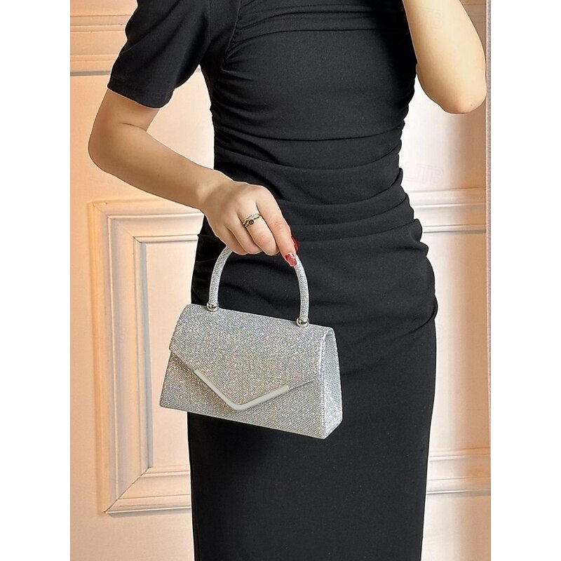 Women's Glitter Evening Clutch Bag with Chain Strap – Elegant Structured Top Handle Purse for Weddings, Cocktail Parties and Formal Events3